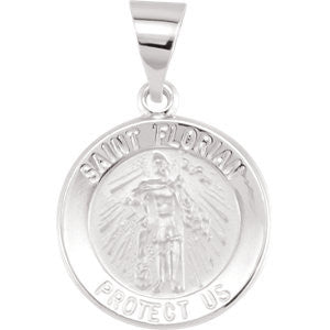 14K White 15mm Round Hollow St. Florian Medal