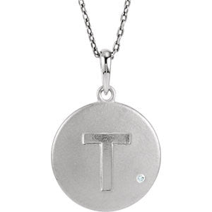 Sterling Silver .005 CTW Diamond Letter "T" Initial Disc 18" Necklace