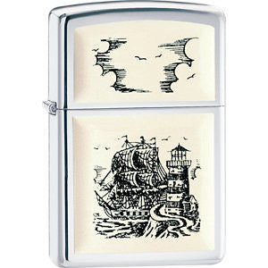 Zippo® Scrimshaw Ship High Polish Chrome Lighter