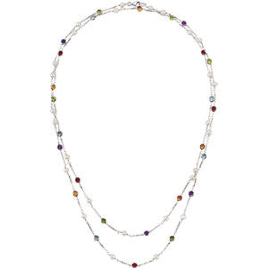 Sterling Silver Freshwater Cultured Pearl & Multi-Gemstone 42" Necklace