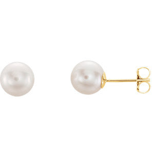 14K Yellow 7mm White Akoya Cultured Pearl Earrings