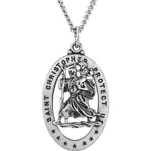 Sterling Silver 29x20mm Oval St. Christopher Medal 24" Necklace