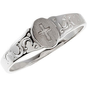 14K White Youth Signet Ring with Cross Size 3