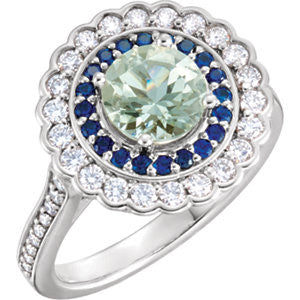 Platinum Green Quartz, Blue Sapphire & 1-2 CTW Diamond Engagement Ring