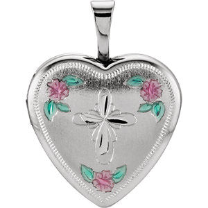 Sterling Silver 15.75mm Tri-Color Cross & Roses Locket