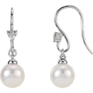 14K White .05 CTW Diamond and Freshwater Cultured Pearl Dangle Earrings