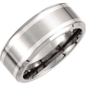 Titanium & Sterling Silver Inlay 9mm Beveled Edge Band Size 9