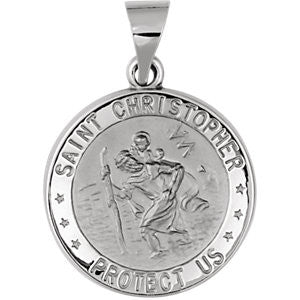 14K White 25.5mm Hollow Round St. Christopher Medal