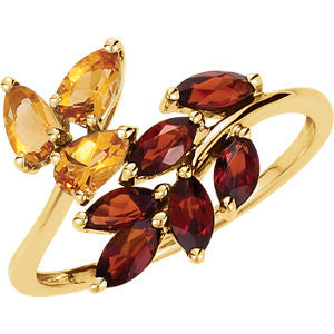 Citrine & Mozambique Garnet Leaf Design Bypass Ring