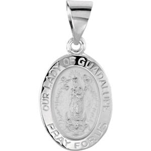 14K White 15x11mm Oval Hollow Our Lady of Guadalupe Medal