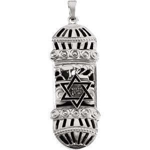 Sterling Silver  37x13mm Mezuzah Pendant with Blue & White Enamel