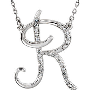 Sterling Silver Letter "R" 1-8 CTW Diamond Initial 16" Necklace