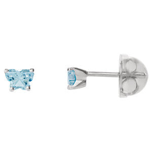 14K White March Bfly® CZ Birthstone Youth Earrings with Safety Backs & Box