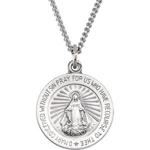 Sterling Silver 18mm Miraculous Medal with 18" Curb Chain