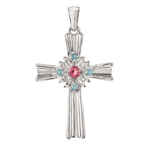 Sterling Silver Pink Tourmaline & Swiss Blue Topaz Cross Pendant