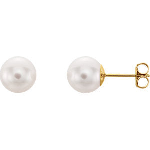 14K Yellow 8mm White Akoya Cultured Pearl Earrings