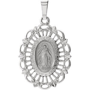 14K White 22x15.5mm Oval Filigree Miraculous Medal