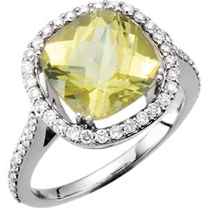 14K White 1-2 CTW Diamond & 10x10mm Lemon Quartz Ring