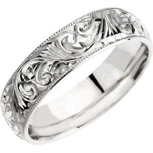 14K White 6mm Hand Engraved Band Size 10