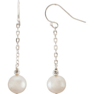 Sterling Silver 8.5-9.5mm White Freshwater Cultured Pearl Dangle Earrings