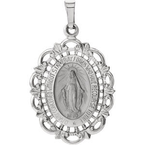 14K White 25x18mm Oval Filigree Miraculous Medal