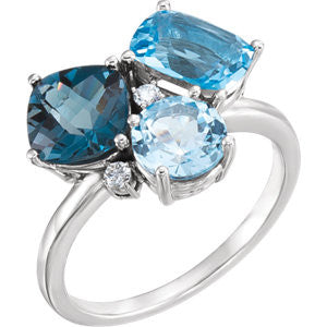 14K White Swiss, London, & Sky Blue Topaz & .05 CTW Diamond Ring