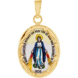 14K Yellow 17x13.5mm Miraculous Hand-Painted Porcelain Medal