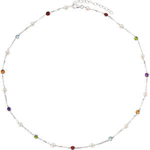 Sterling Silver Freshwater Cultured Pearl & Multi-Gemstone 18" Necklace