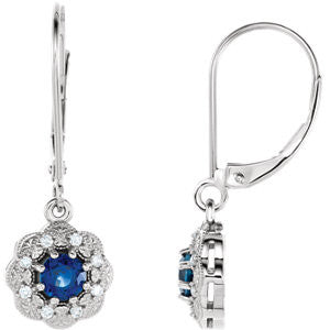 14K White Blue Sapphire & 1/8 CTW Diamond Halo-Style Earrings