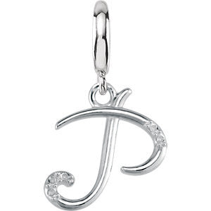 Sterling Silver .03 CTW Diamond 1mm Round Script Initial Charm Letter "P"