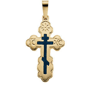 14K Yellow 19x13mm Orthodox Cross Pendant with Blue Enamel