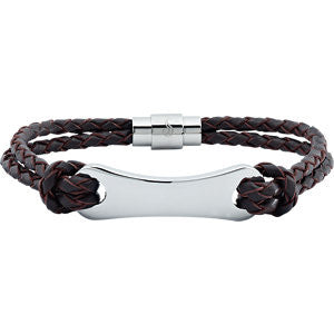 Dark Brown Leather & Stainless Steel 8.5" Bracelet