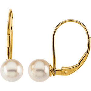 14K Yellow 7mm Round Akoya Cultured Pearl Lever Back Earrings