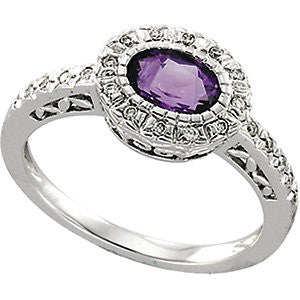 Horizontal Amethyst & Diamond Halo-Style Ring