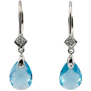 14K White Swiss Blue Topaz & .025 CTW Diamond Earrings