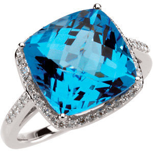 14K White Swiss Blue Topaz & 1-4 CTW Diamond Ring