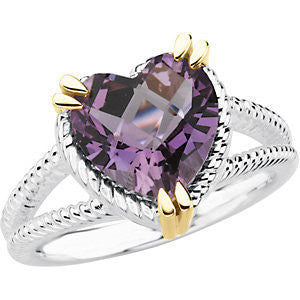 Sterling Silver & 14K Yellow Heart Amethyst Rope Design Ring