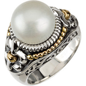 Sterling Silver & 14K Yellow Freshwater Cultured Pearl Ring Size 9