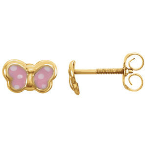 14K Yellow Pink Enamel Butterfly Earrings