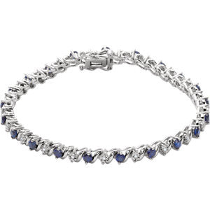 14K White Created Blue Sapphire & 1/10 CTW Diamond Line 7" Bracelet