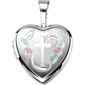 Sterling Silver Cross Heart Locket with Epoxy