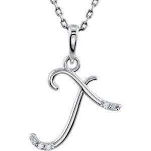 Sterling Silver .03 CTW Diamond Letter "T" Script Initial 18" Necklace