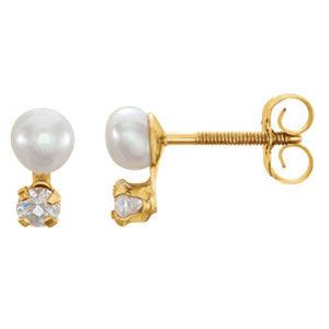 14K Yellow Youth Freshwater Cultured Pearl and Cubic Zirconia Earrings