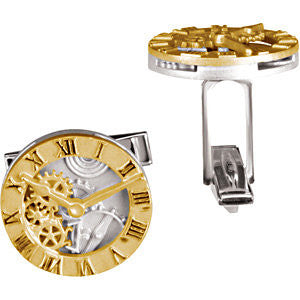 14K Yellow & Sterling Silver Clock Design Cuff Link-Each