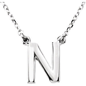 Sterling Silver Letter "N" Block Initial 16" Necklace