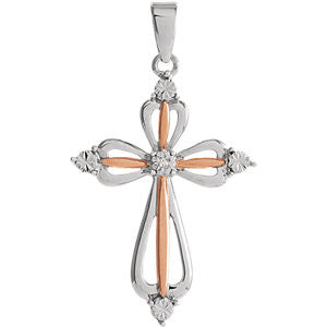 Sterling Silver 32x17mm Diamond Cross Pendant with Rose Gold Plating