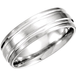 14K White 7mm Double Cut Fancy Carved Band with Satin Finish Size 5