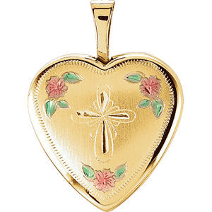 14K Yellow 15.75mm Tri-Color Cross & Roses Locket