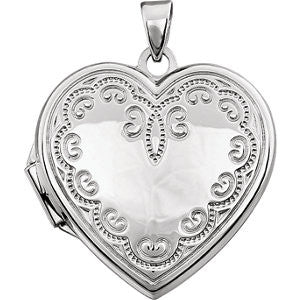 14K White Heart Locket with Scroll Design