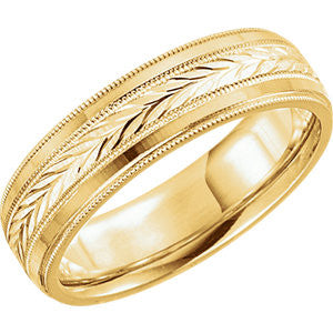 14K Yellow Leaf Design Comfort-Fit Milgrain Band Size 10